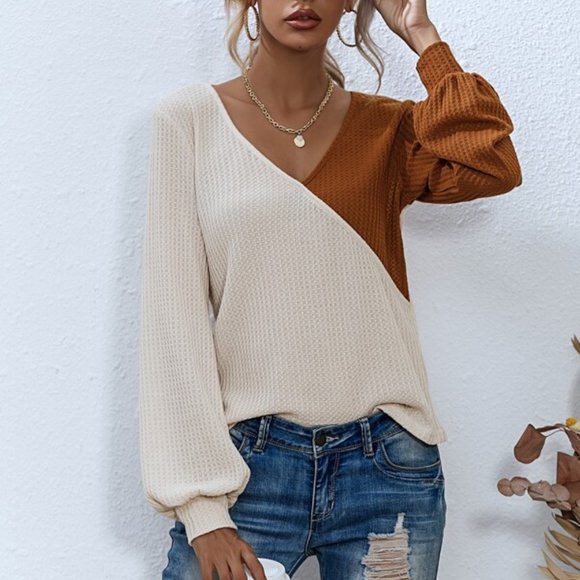 Tops - Cream Rust Waffle Knit Color Block Top Minimalist